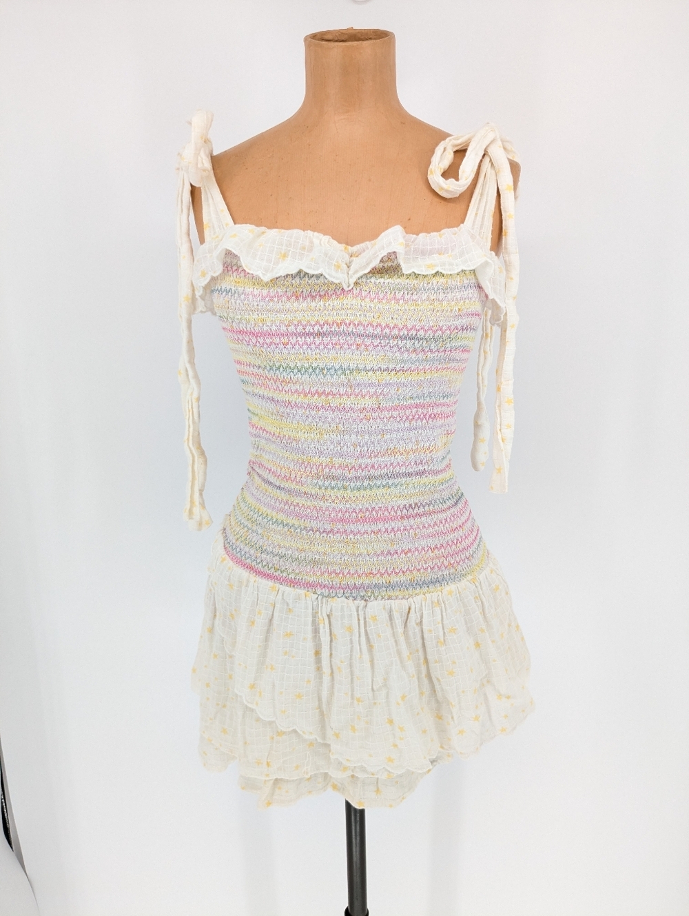 LoveShackFancy Aya Dress Smocked Waist Ruffle Tie Straps Coquette Womens Size XS